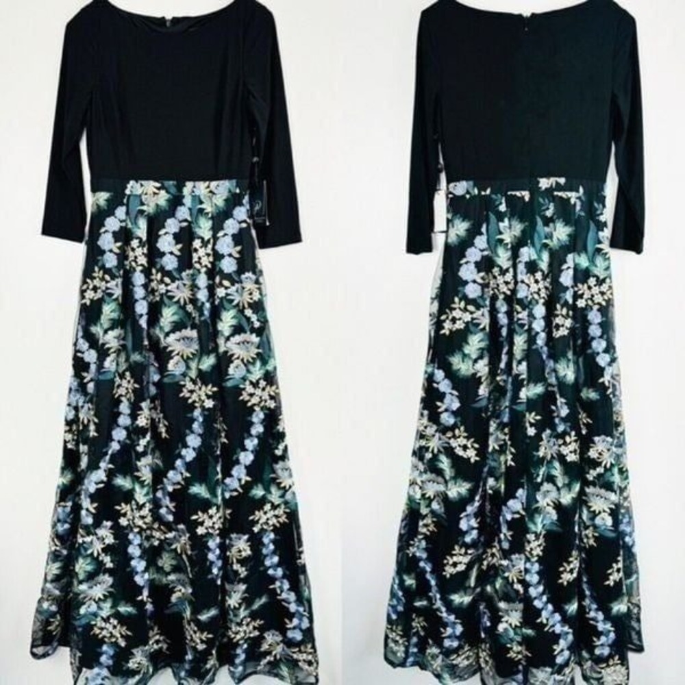 NWT Adrianna Papell Women's Sz 4 Embroidered Mesh Gown Tulle 3/4 Sleeve Floral